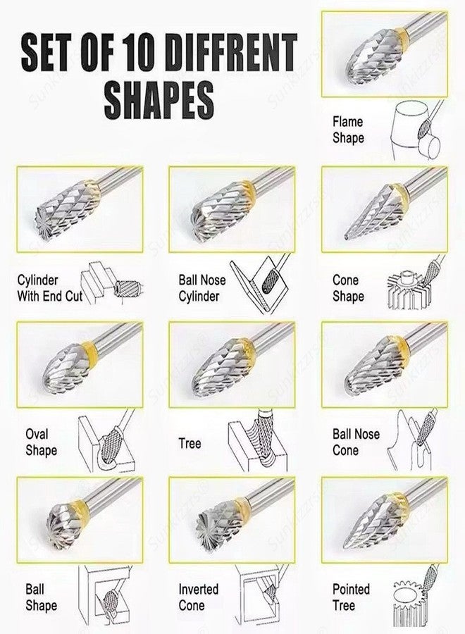 Sunkizzrs® 10-Pcs Tungsten Carbide Rotary Burr Set -Carbide Double Cut Carving Burr Bits with 1/8"(3mm) Shank -Rotary Tool Accessories for Woodworking, Engraving, Drilling, Steel Metal Working - Image 3